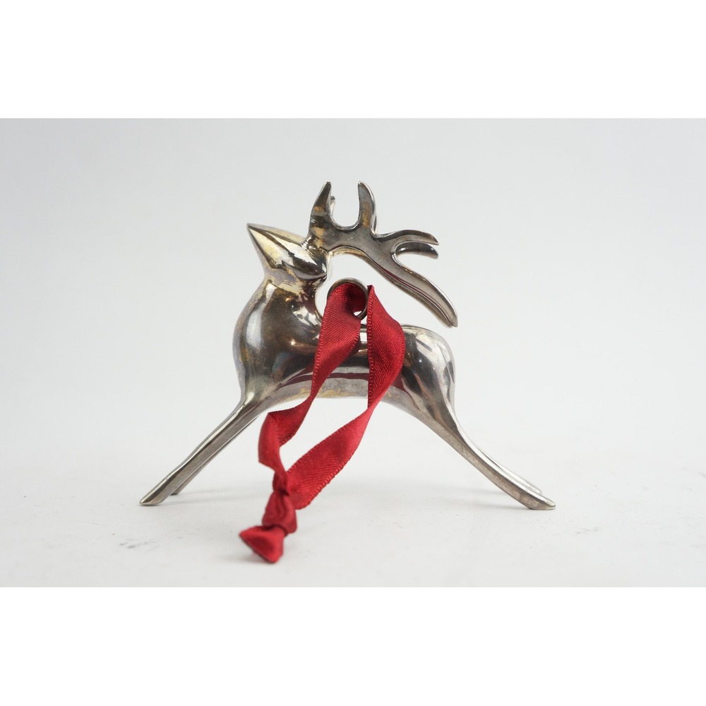 Vintage Pottery Barn Reindeer Ornament Small Silver Red Ribbon‎ VGC